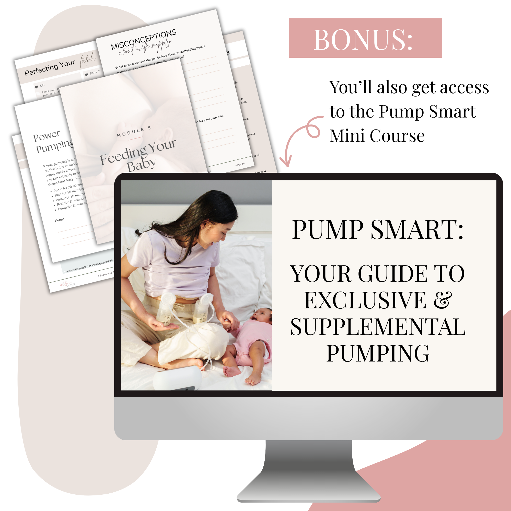 A mockup of the Fourth Trimester Bundle includes the Pump Smart pumping course