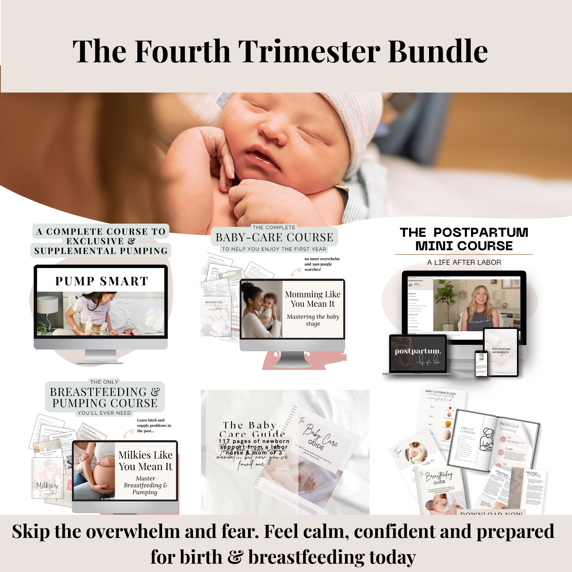 A mockup of The Fourth Trimester Bundle, includes 4 courses and two ebooks