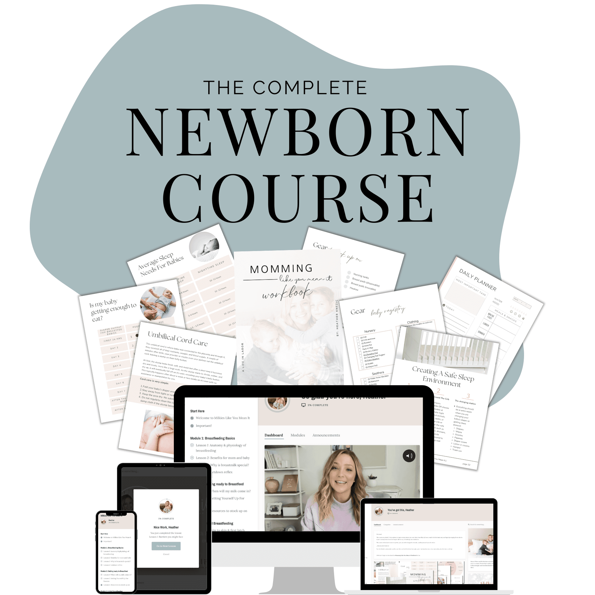 A mockup of the Fourth Trimester Bundle includes the newborn course