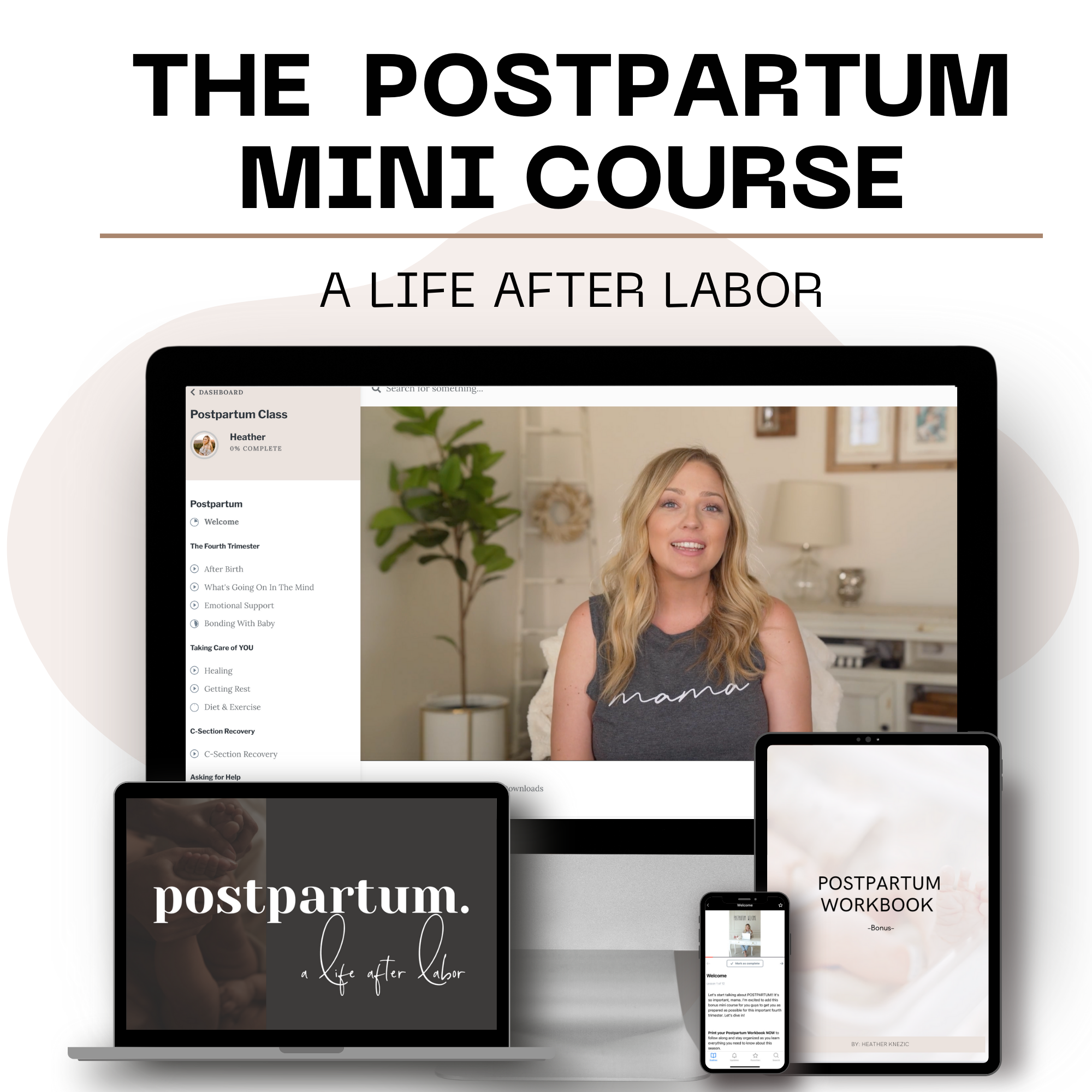 A mockup of the Fourth Trimester Bundle includes the Postpartum course