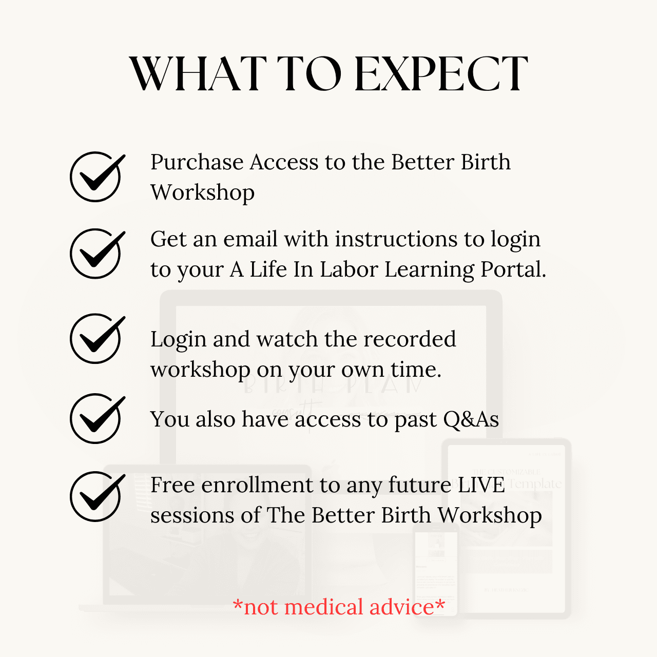 5 bullet points what to expect in the Better Birth Workshop